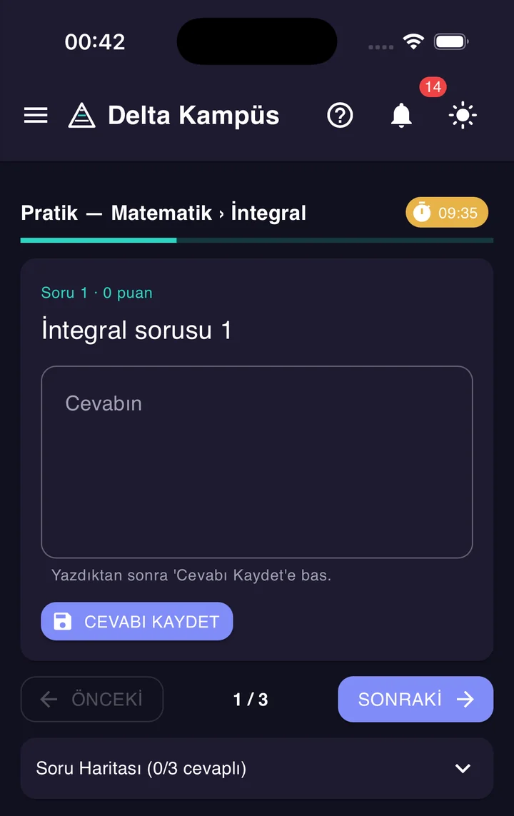 Mobil sınav çözme ekranı: soru, cevap alanı ve kalan süre