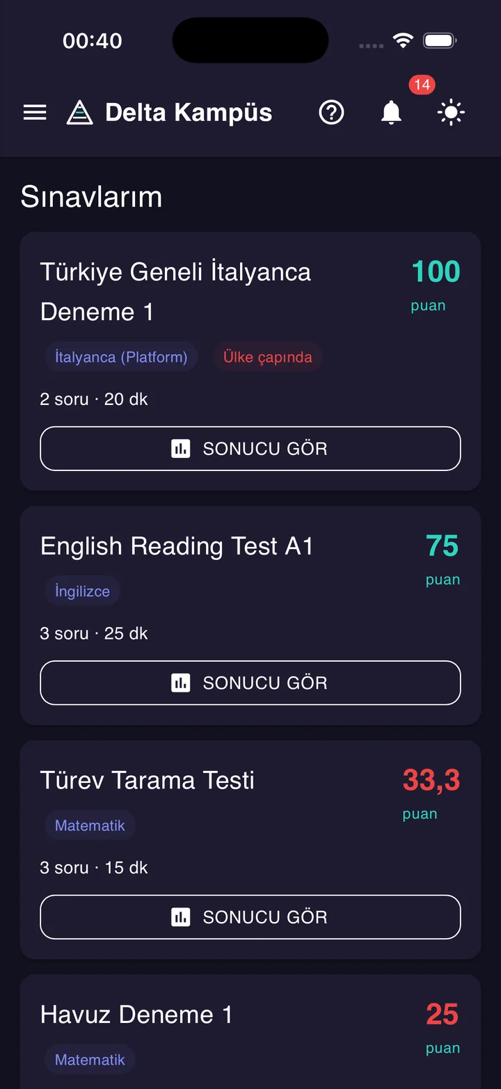 Sınavlarım listesi: atanan ve çözülen sınavlar, puanlarıyla birlikte